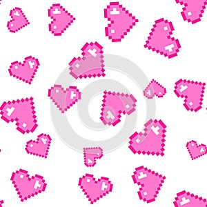 Seamless vector pixel pink hearts pattern. Love pixel art 10 eps.